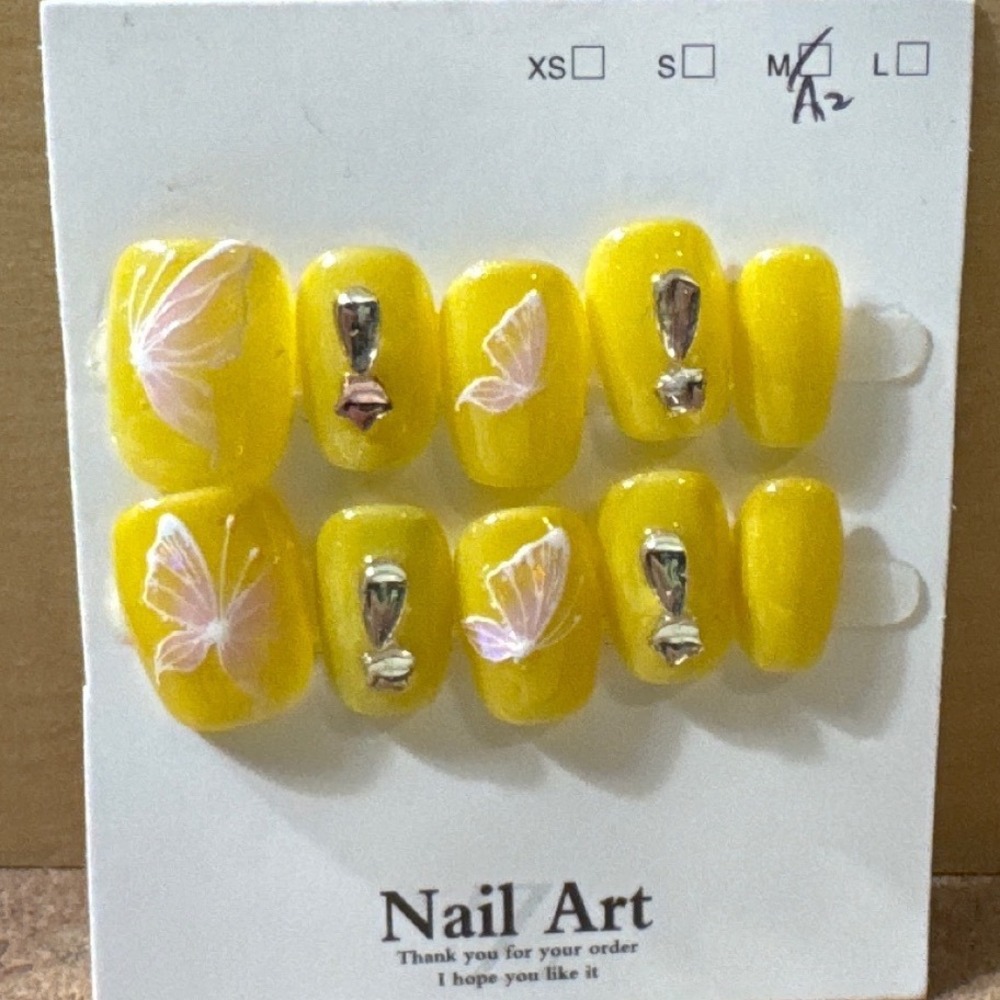 Yellow Butterfly‎ Press On Nails Glitter 3D Silver Accents Short Square